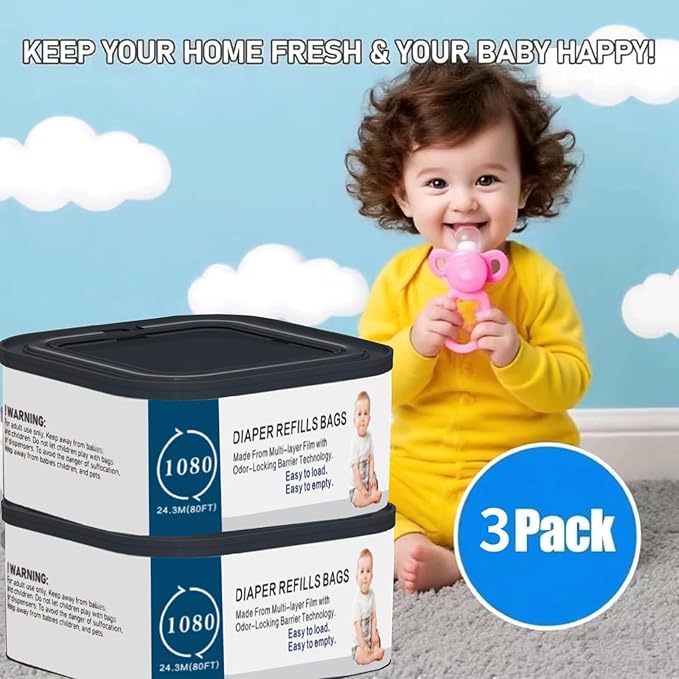 3Pack Jumbo Square Refills Disposal Bags Refill Compatible with Diaper Genie Compact, Classic and Select Pails, with Continuous Film,HoldUp to 1080 Newborn-Sized Diapers Per Refill