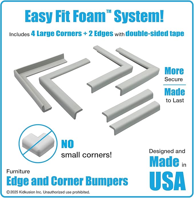 KidKusion Corner and Edge Protector | Easy Fit System | Soft Durable Foam Rubber Padding for Furniture w/Doublesided Tape | Babyproofing Bumper Guards | Large Profile | 20 Ft. | Soft Gray