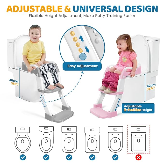 Orzbow Potty Training Seat, Toddler Toilet Seat with Step Stool Ladder, 2-in-1 Toddler Potty Training Toilet Chair for Kids Boys Girls - 5-Level Adjustable Height | Splash Guard | Anti Slip Pad, Grey