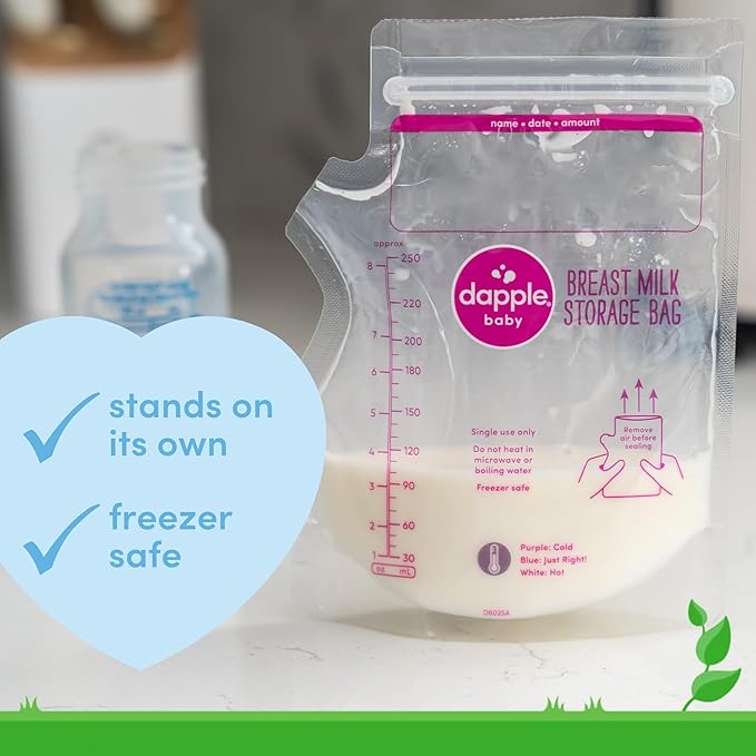 Dapple Breast Milk Storage Bags with East Pour Spout, Leakproof Double Zipper, BPA-Free, Pre-Sterilized, Temperature Sensor, Freezer-Safe, Pump Directly Into Bag, 8oz, 100ct