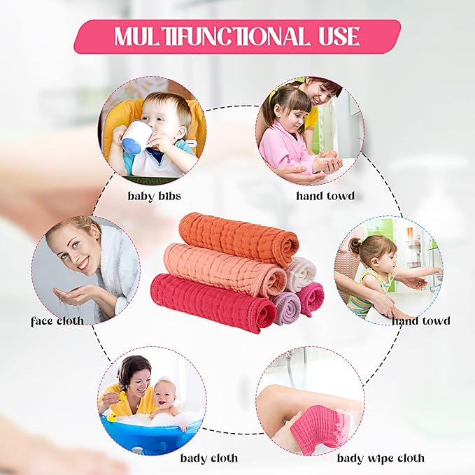 Frienda 6 Pack Muslin Burp Cloths Cotton Large 20''x 9'' Extra Absorbent and Soft Baby Burping Cloth for Baby Boy Girl Unisex(Pink Series)