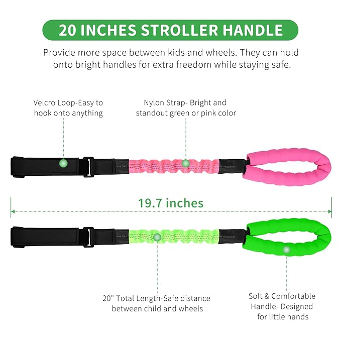 ONEDONE Stroller Handle for Toddler Travel 20" Stroller Strap for Kids to Hold Handle for Strollers, Wagons, Shopping Carts Soft Handle for Child Safety Keep Kids Close Green