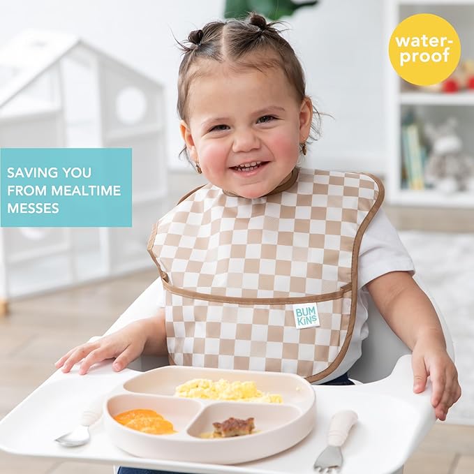 Bumkins Bibs for Girl or Boy, SuperBib Baby and Toddler for 6-24 Months, Essential Must Have for Eating, Feeding, Baby Led Weaning Supplies, Mess Saving Catch Food, 3-pk Palms and Checks