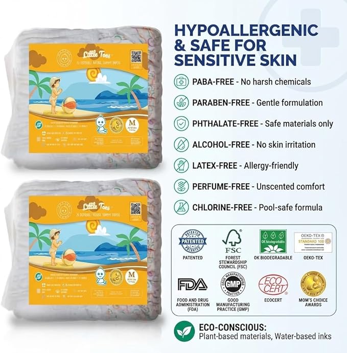 Little Toes Premium Natural Disposable Swim Diapers, Size 3-4 Medium (20-30 lbs) (24 Count) | Baby Disposable Swim Diapers | Hypoallergenic, Chlorine & Fragrance-Free | Gentle on Sensitive Skin