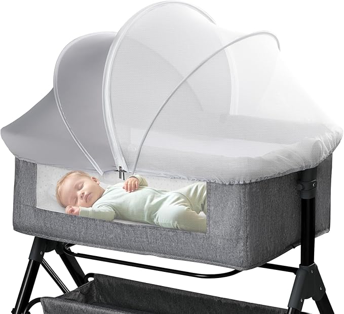Bassinet Mosquito Net Cover - Half-Blackout Mosquito Net for Baby Crib & Bedside Sleeper, Breathable Crib net with 2-Way Zipper, Sun-Blocking Baby Mosquito Net Cover (Gray-Small)