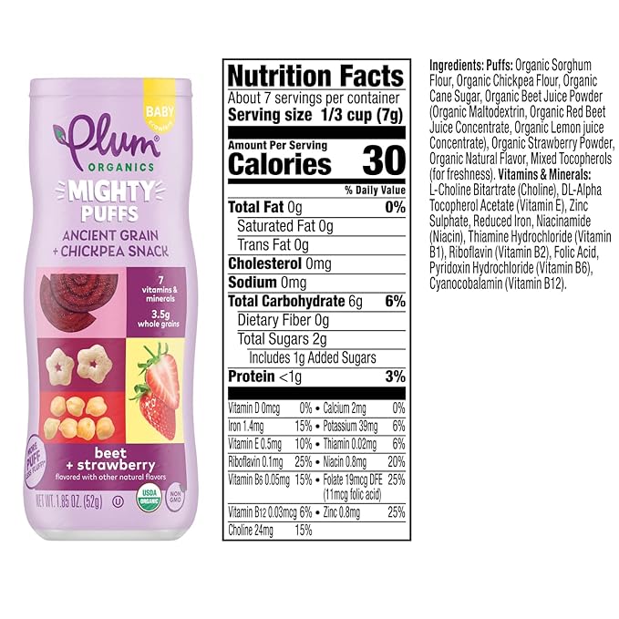 Plum Organics Mighty Puffs Organic Baby Food - Beet and Strawberry - 1.85 oz Canister - Ancient Grains and Chickpea Snacks