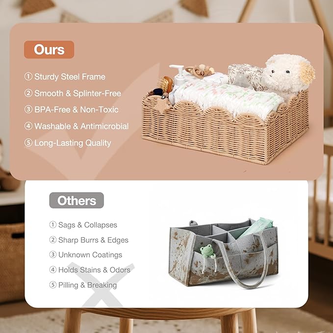Wicker Diaper Caddy Organizer, Nursery Storage Basket for Diapers and Baby Wipes, Baby Essentials Organizer for Changing Table, Splinter Free Rattan Style (Natural, L)
