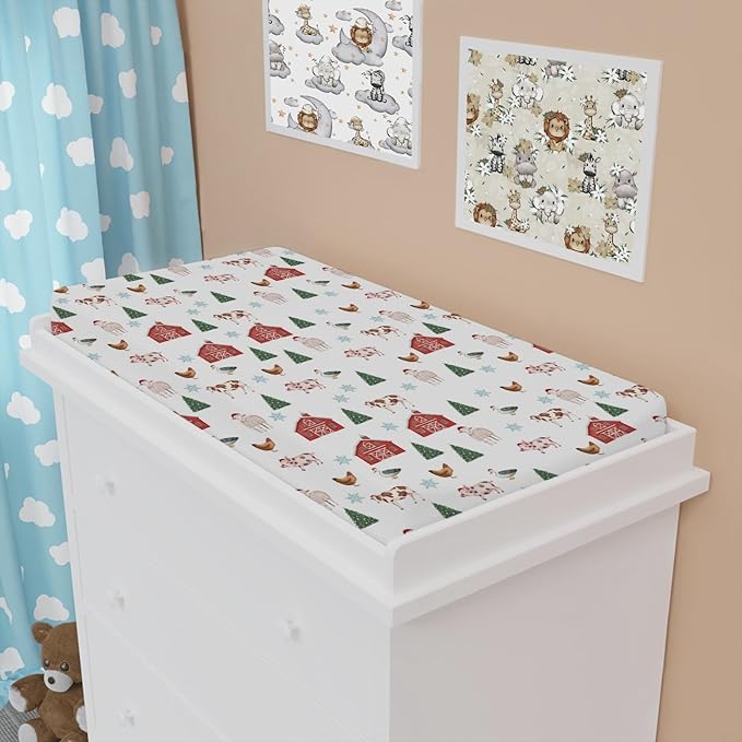 Watercolor Farm Animals Changing Pad Cover Retro Barn Chicken Pig Hen Duck Windmill Tractor Diaper Change Table Cover Sheets for Boys Girls Soft Stretchy Fitted Changing Mat Sheets 32''x16''