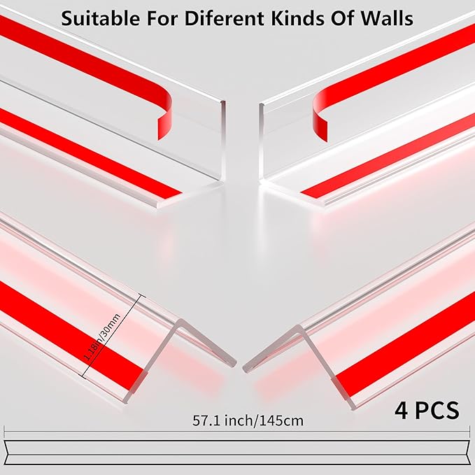 30x30mm Self Adhesive Corner Guard, 4pcs 57.1" Wall Corner Protector Strip, Flexible PVC Edge Trim, Peel and Stick Corner Protection for Furniture, Wall Edges & Table Corners
