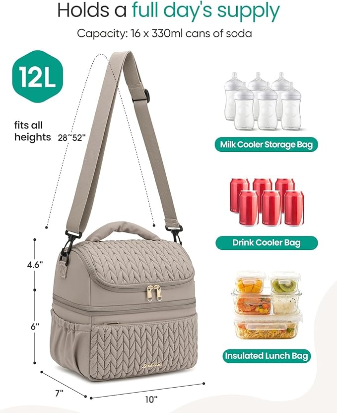 Breastmilk Cooler Bag - Large Capacity 12L & 10-Hour Insulated Bottle Cooler Bag with Detachable Divider for Tall Baby Bottles | Dual Deck Lunch Box for Women | Breast Pump Bags for Work