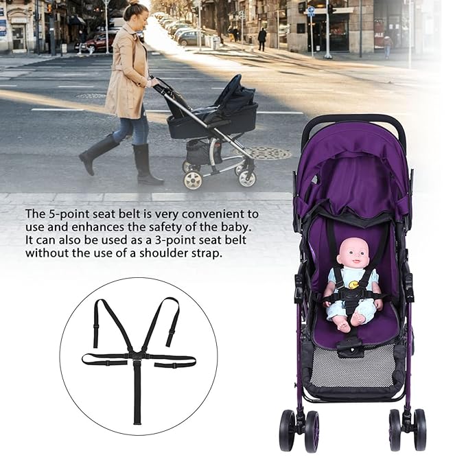 Stroller Seat Harness, 5 Point Universal Baby High Chair Safety Belts Travel Pushchair Adjustable Strap for Kids Wagon Car Children Infant Toddler Rotating Protection Pram Accessories(Hidden Buckle)