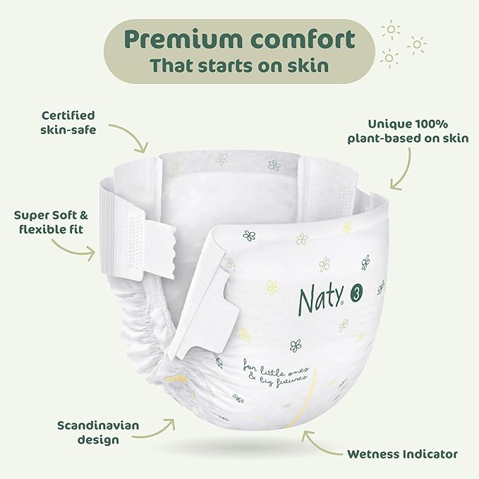 Naty BioEmbrace Baby Diapers | Sensitive Skin Safe Certified | Leak Protection up to 100% | Plant-Based Softness, Premium Comfort | Chlorine-Free | Size 3 (9–20 lbs), 100 Count