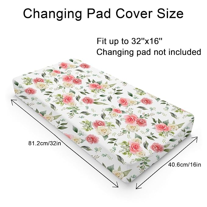 Boho Floral Changing Pad Covers for Baby Boy Girl 32''x16'' Greenery Flowers Leaves Unisex Fitted Changing Table Sheets Wild Flowers Comfort Soft Breathable Nursery Cradle & Bassinet Sheets