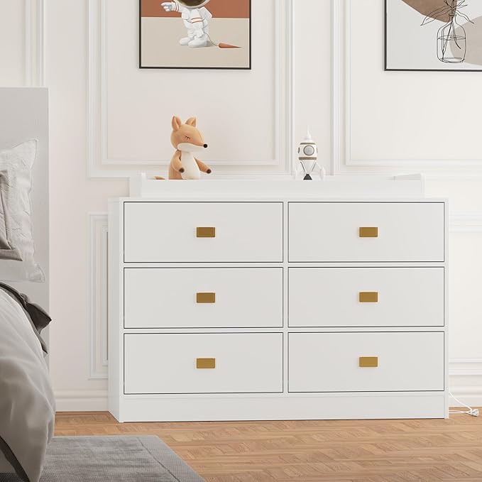 GarveeHome Dresser for Bedroom with 6 Drawers, Changing Table Dresser with Power Outlets, Soft Changing Pad & Removable Top, Baby Dresser with Changing Table Top for Nursery, White