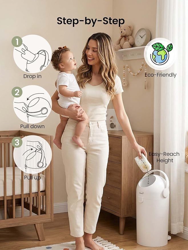 Grownsy Baby Diaper Pail, Odor-Locking Roll-Top Design, No Special Bag Required, One-Handed Use & Compact Design, Eco-Friendly Diaper Trash Can, Newborn Essentials, White