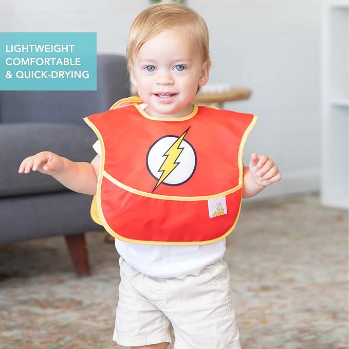 Bumkins Bib for Girl or Boy, Baby and Toddler for 6-24 Months, Essential Must Have for Eating, Feeding, Baby Led Weaning, Mess Saving Waterproof Soft Fabric, SuperBib with Cape, The Flash DC Comics