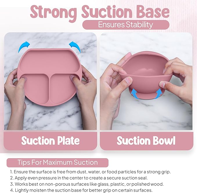 O'doe 17-Piece BPA-Free Silicone Baby Feeding Set | Thick & Soft Suction Plates, Baby Bowls, Wooden Fork & Spoon, and More | Make Mealtime Fun and Easy for Your Little One | Pink, V2