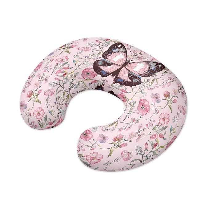 Pink Flower Butterfly Baby Fashion Nursing Pillow Cover Baby Breastfeeding Slipcover Newborn Safety and Comfy Cover for Daily Life, 2 Packs
