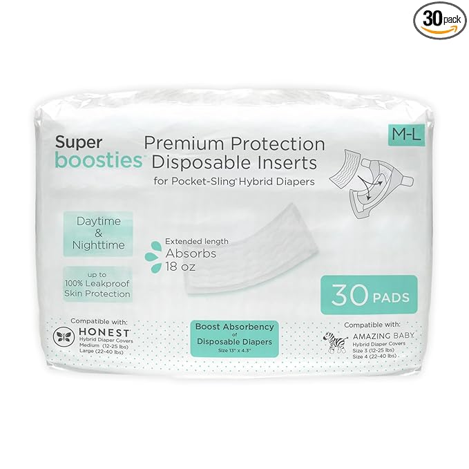 Overnight Diaper Leak Stopper, Super Boosties Disposable Inserts, Use with Pampers Sizes 4-6, Honest Hybrid Diaper Cover Sz Medium/Large, Amazing Baby Cover Sz 3/4, 4.3x13 in, 30 Count