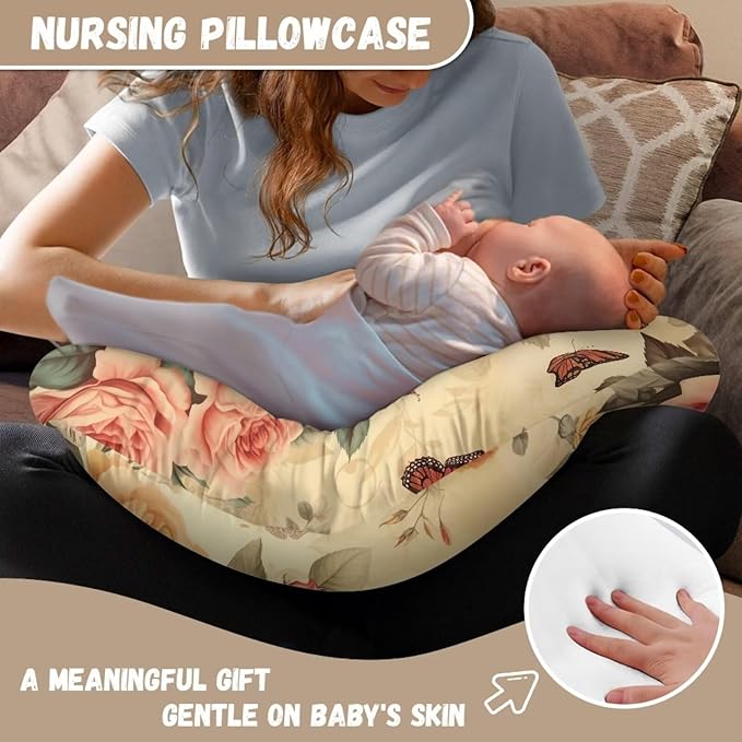 Retro Butterfly Roses Nursing Pillow Support Cover with Hidden Zipper Portable Comfortable Breastfeeding and Bottle Feeding Nursing Pillowcase for Nursery Room Car Decor