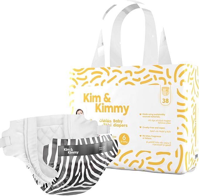 Kim & Kimmy Eco Diapers, Size 6, 33-44 lbs, 38 Diapers - 12 Hour Leak Protection, No Rashes, Hypoallergenic, Ultra-Soft & Highly Absorbent - Cruelty Free & Vegan - Zebra