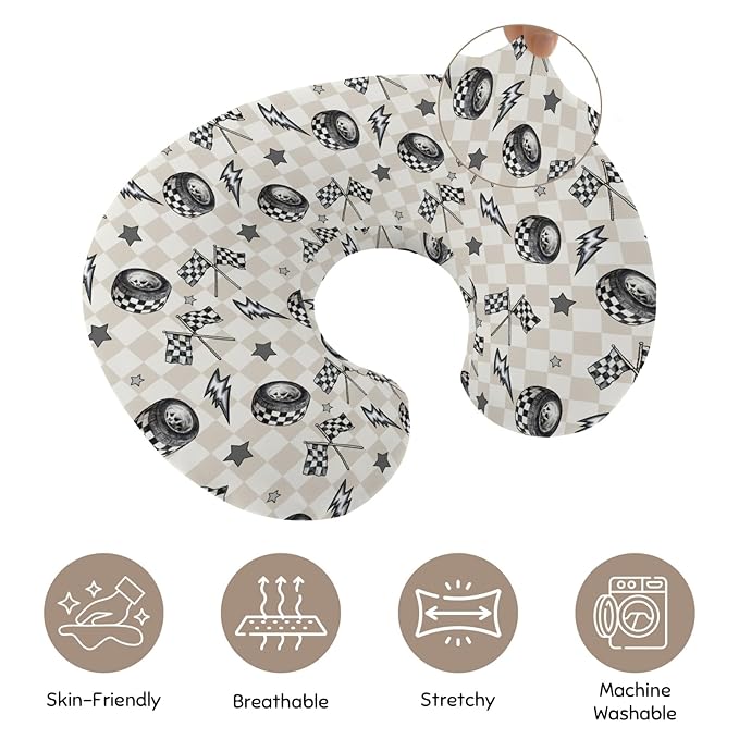 Cute Race Car Flag Black and White Plaid Nursing Pillow Cover Stretchy and Soft for Baby Girls Boys Tire Checkered Stars Vehicles Nursing Cover for Breastfeeding for Newborn Infant