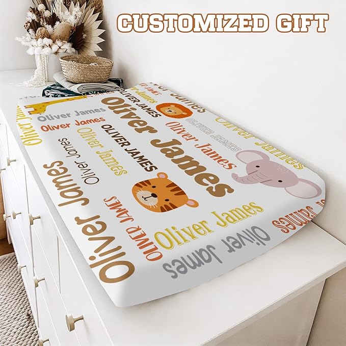 Custom Name Changing Pad Cover - 2 Piece Animal Print Customizable Changing Pad Cover - Cotton Toddler Baby Pee Pad for Diaper Changing Table Nursery Protector