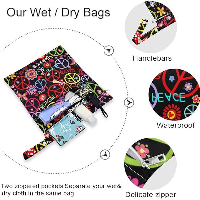visesunny Hippie Peace Symbol Mushroom And Abstract Flower 2Pcs Wet Bag with Zippered Pockets Washable Reusable Roomy for Travel,Beach,Pool,Daycare,Stroller,Diapers,Dirty Gym Clothes, Wet Swimsuits, T