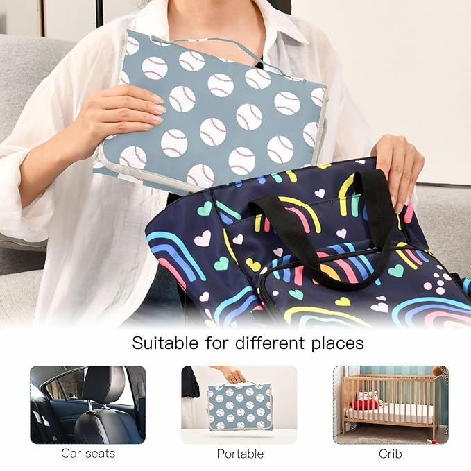 Baseball Blue Portable Diaper Changing Pad with Wipes Holder, American Sport Championship Patch Foldable Baby Diaper Changer Travel Bag Baby Changing Mat with Built-in Pillow for Newborn