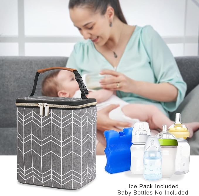 Breast Milk Cooler Bag with Ice Pack Fits 4 Baby Bottles Up to 9 Ounce, Baby Bottle Bag Great for Nursing Mom Daycare, Grey