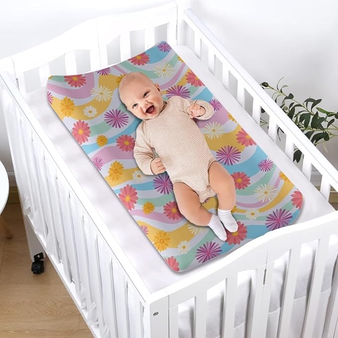 Colorful Daisy Changing Table Cover Waterproof Changing Pad Cover for Baby Breathable Stretchy Universal Tray Table Mat Fit 32"x16" Contoured Pad