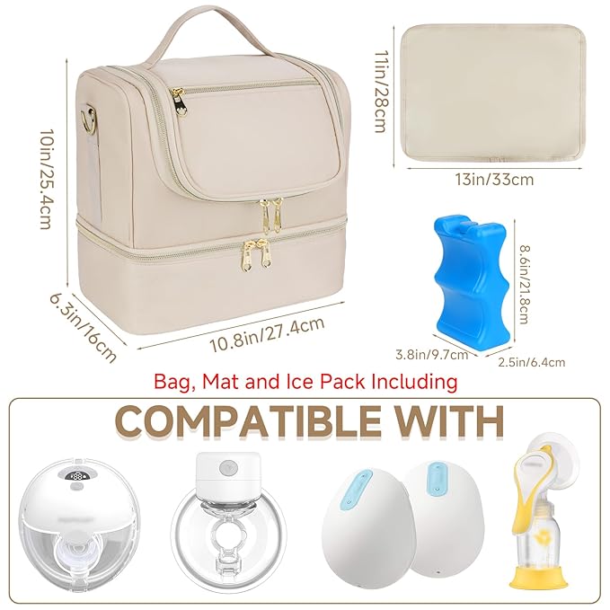 Wearable Pump Bag with Cooler Compartment Fits for Willow/Eufy/Elvie/Momcozy M5/S12 Pro/Medela, Breast Milk Travel Tote Bag with Ice Pack & Waterproof Mat,Apricot