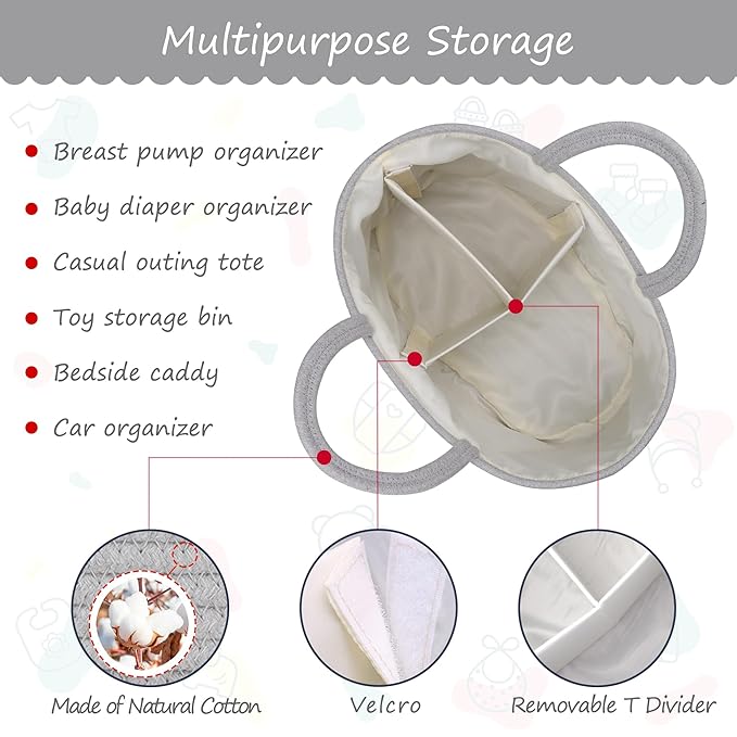 COMSE Large Baby Diaper Caddy Organizer for Girl Boy, Car Caddy with Handles, Cotton Rope Basket for Changing Table, Nursery Organizer, Gift for Baby Shower and Registry Must Have, Cool Gray