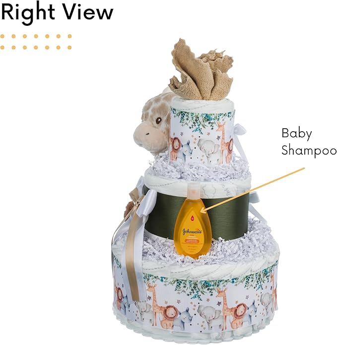 Lil' Baby Cakes Safari Diaper Cake - Beautiful Safari-Themed Baby Gift Using Size 1 Swaddler Diapers - Perfect for Baby Showers with Safari Animal Decorations, Giraffe Diaper Cake - 10 in x 12 in