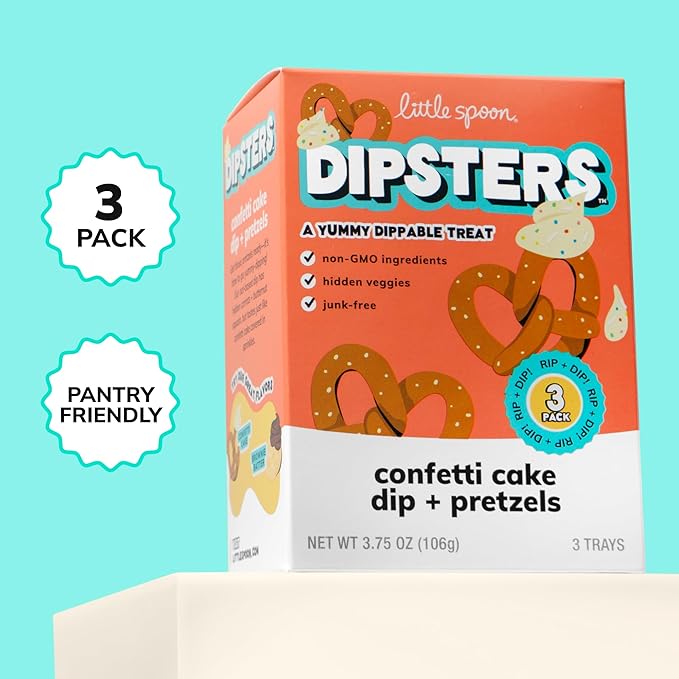 Little Spoon Confetti Cake Dip + Pretzels Dipsters, Big Kid Favorite Dunking Snack with Hidden Veggies, Organic Oats, Carrot & Butternut Squash, Maple Sweetened, Non-GMO, 2g Plant Protein, 3 Trays per Pack, Total of 12 Trays