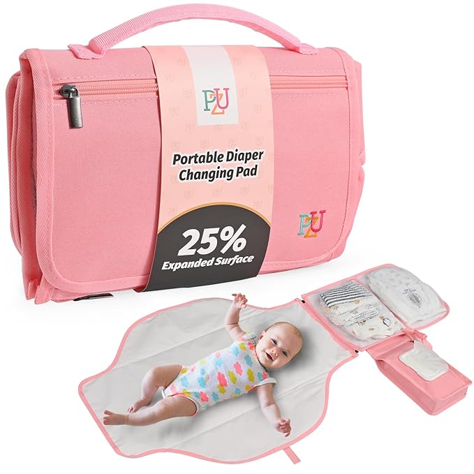 PZU Portable Diaper Changing Pad - Changing Pad Portable with Wipes Pocket, Waterproof Diaper Changing Mat, Portable Changing Pad for Baby, Newborn Gift (Pink)