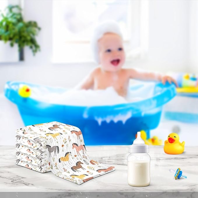 vvfelixl Baby Muslin Washcloths Cartoon Horses Graze Baby Burp Cloths Cotton Babys Face Towel for Newborn Infants Boys Girls Soft and Absorbent 11.8 X 11.8 in, 3 Pack