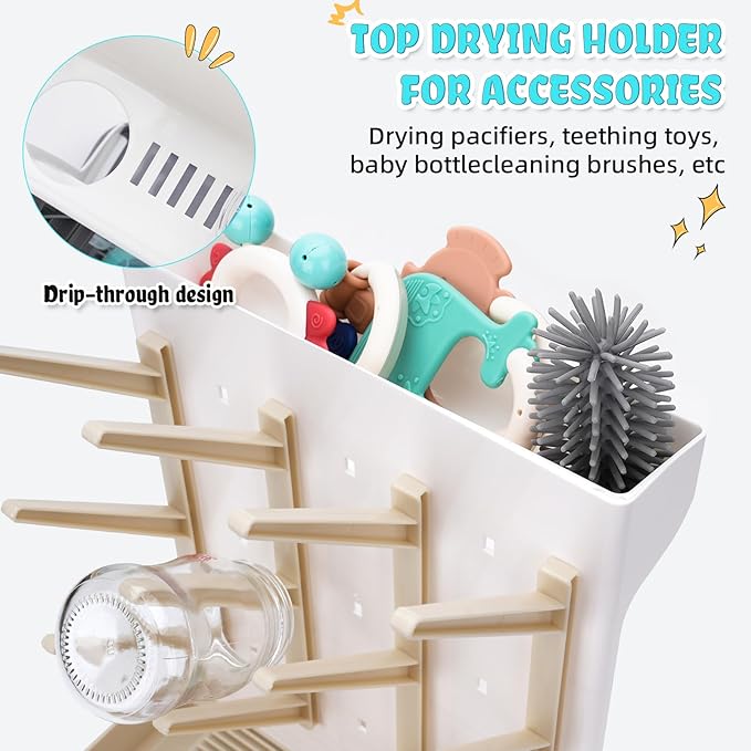 Baby Bottle Drying Rack: Space Saving Vertical Bottle Drying Holder with Brushes Holder - Large Bottle Storage Holder Organizer 12 Bottles & Baby Accessories,BPA-Free, Beige