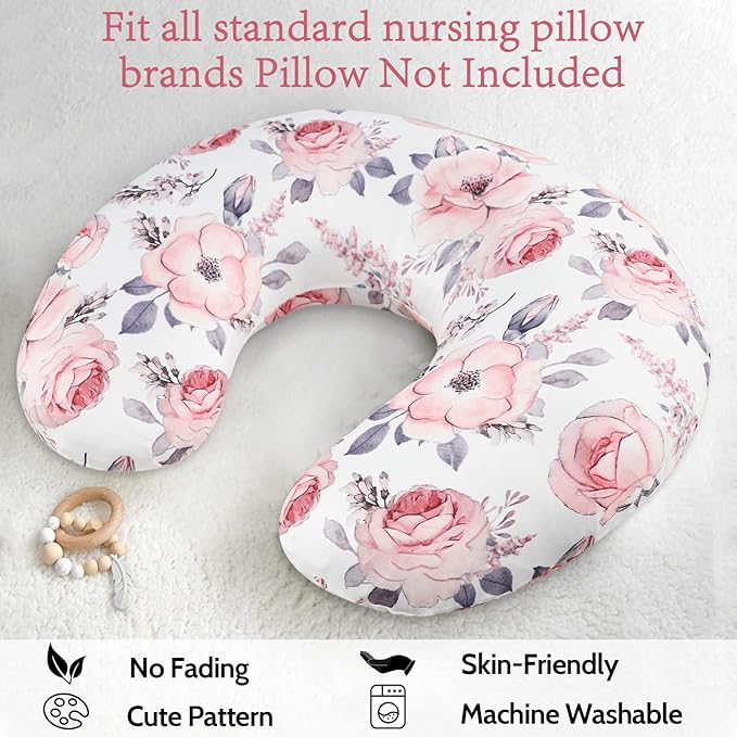 Nursing Pillow Cover Girls, Floral Breastfeeding Pillow Cover for Baby, Snug Fits Newborn Nursing Pillow Case, Super Soft Breathable, Pink Flower