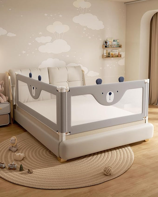 2 Piece Bed Rails for King Size Bed, No-Drill Needed Baby Bed Rail Guard for Toddlers with Height Adjustable, Thickened Child Safety Side Railing Guards/Bedrail for Kids, Grey Bear, 74.8x78.7Inches