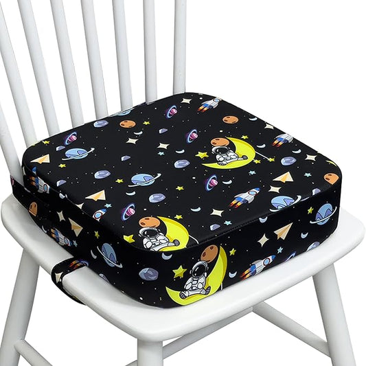 Toddler Booster Seat for Dining Table, Waterproof Kids Booster Seat for Kitchen Chair, High Density Foam Cushion with Non-Slip Bottom, Washable Cover & Adjustable Straps (Black Starry Sky)