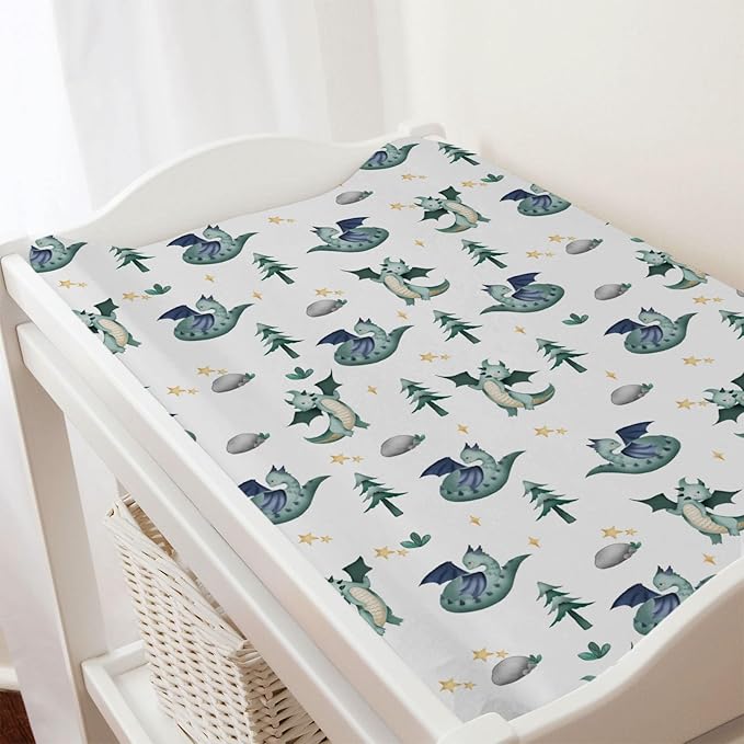 Fairy Tale Dragon Trees Stars Changing Pad Covers Watercolor Dragons Diaper Changing Table Cover Sheets for Boy Girl Soft Stretchy Snug Fitted Baby Changing Pad Mats 32''x16'' Green