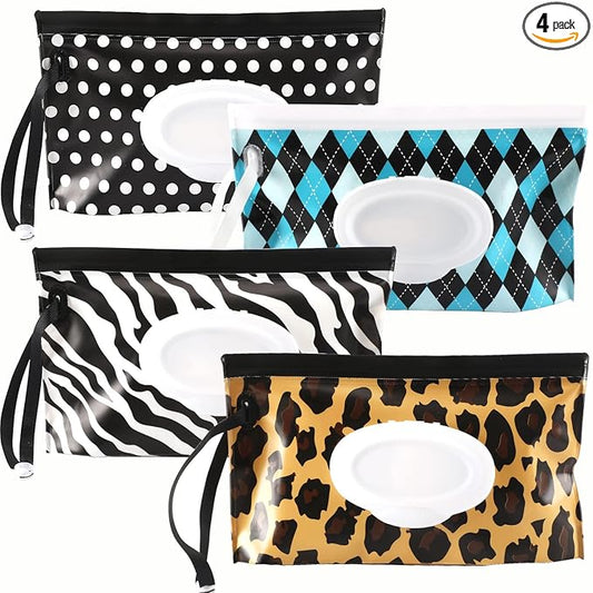 FEBSNOW 4 Pack Baby Wipe Dispenser, Portable Refillable Wipe Holder, Baby Wipes Container, Reusable Travel Wet Wipe Pouch