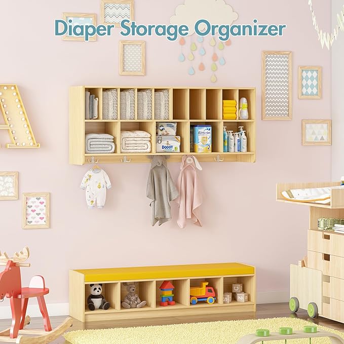 Kikihouse Wall Diaper Organizer for Daycares with Cubby Bench, Wooden Diaper Shelf with 5 Cubbies and 10 Small Storage, Daycare Cubbies for Nursery, Home, School