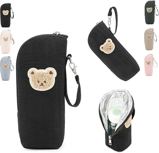 Insulated Baby Bottle Bag, Cotton Thermal Storage Organizer with Bear Design, 8.66x2.76x3.15 Inches, Light Blue, for Breast Milk Transport and Snacks (black)
