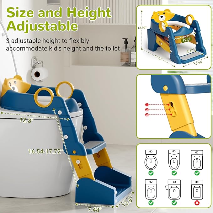COOSEYA 2-in-1 Potty Training Seat & Potty Chair, Toddler Toilet Seat with Step Stool Ladder, Height Adjustable Foldable Potty Training Toilet for Kids Boys Girls with Splash Guard & Anti-Slip Steps