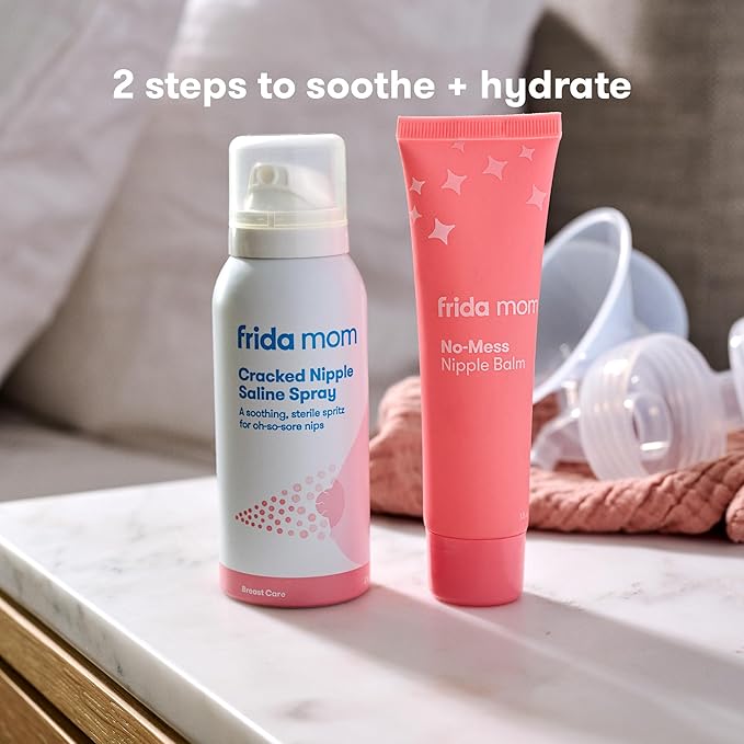Frida Mom Nipple Cream and Saline Spray Set, Breastfeeding Essentials for New Moms, Cracked Nipple Saline Spray and No-Mess Cream, 2pc Set