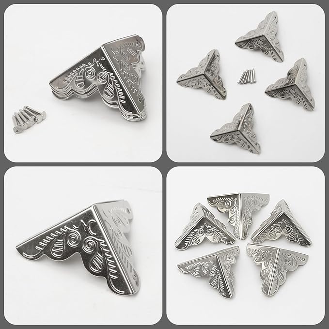 50Pcs Stair Dust Corner (0.98in/25mm) - Dust Catchers for Edge, Vintage Metal Corner Cover with Screws, Antique Silver Decorative Protectors for Walls Baseboards Jewelry Box Cabinets Table
