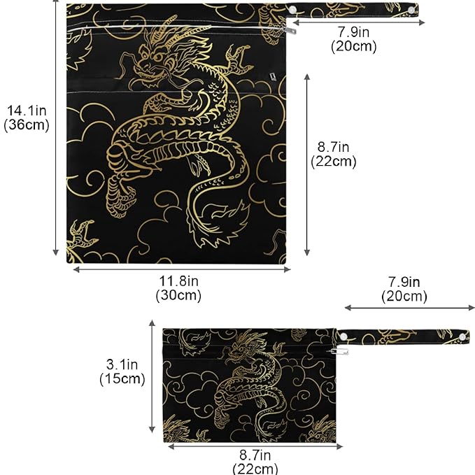 visesunny Gold Dragon 2Pcs Wet Bag with Zippered Pockets Washable Reusable Roomy for Travel,Beach,Pool,Daycare,Stroller,Diapers,Dirty Gym Clothes, Wet Swimsuits, Toiletries