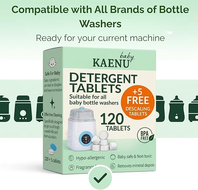 Bottle Washer Detergent Tablets -120 PCS & 5 Free Descaling Tablets - Compatible with all Baby Bottle Washers, Baby Brezza, Momcozy & Grownsy - Removes Milk Residue & Odor from Bottles & Pump Parts
